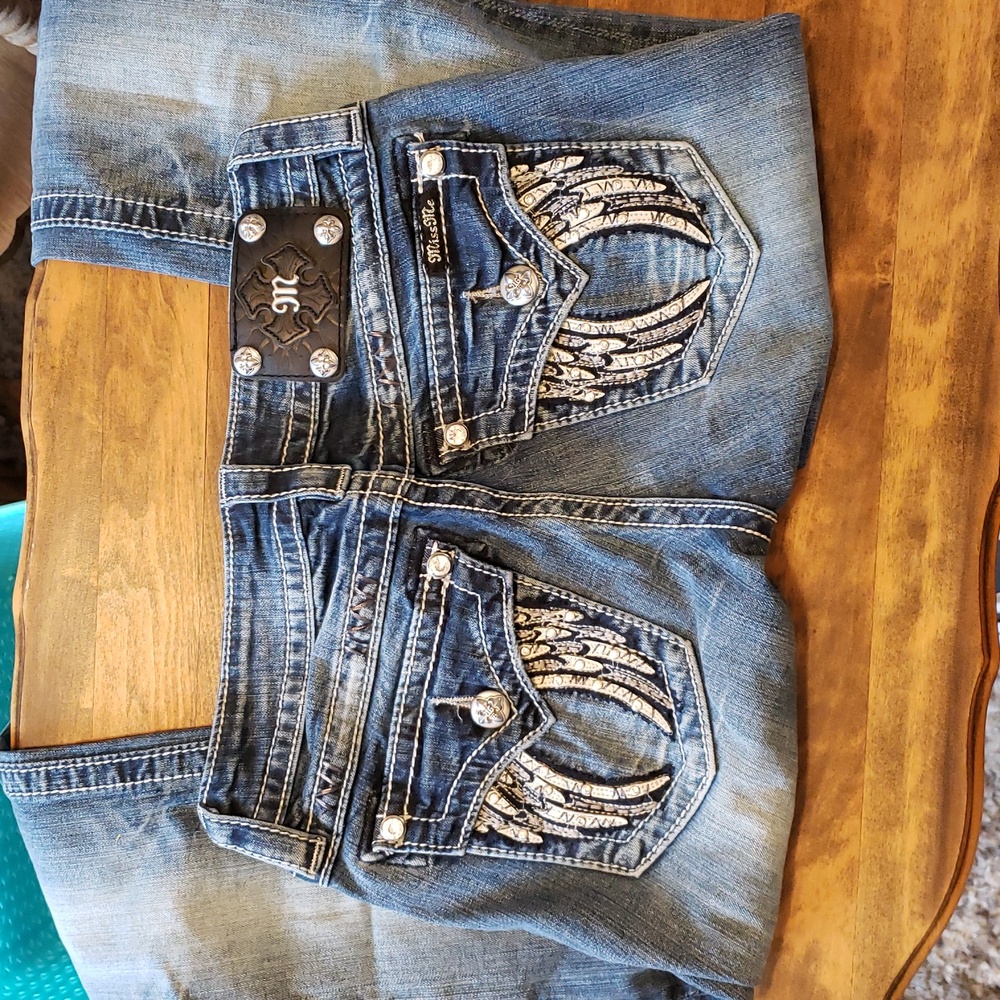 Miss Me Blue Denim Overalls with Angel Wings